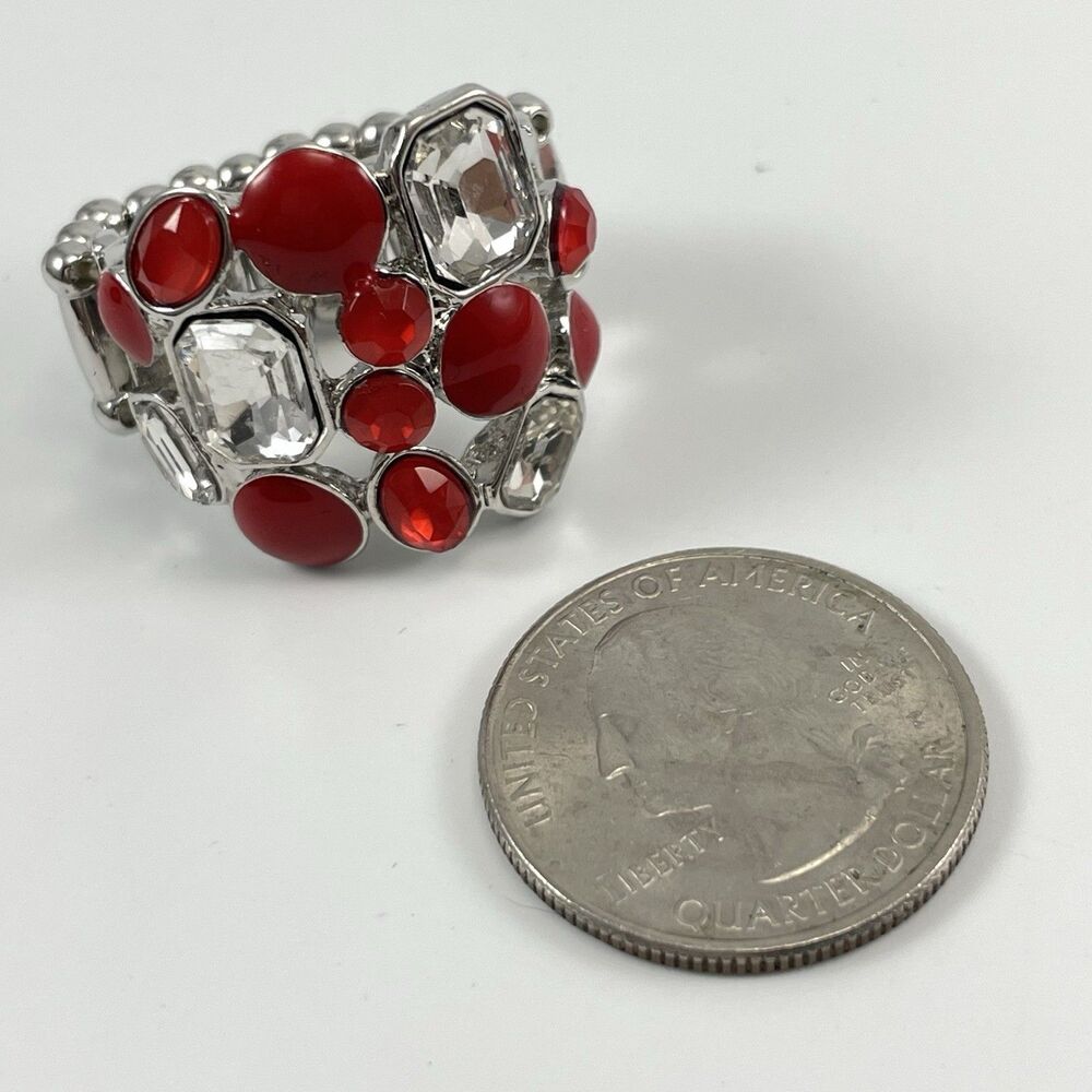 Silver Tone Red White Rhinestone Cluster Cocktail Ring Stretch Statement - Picture 4 of 7